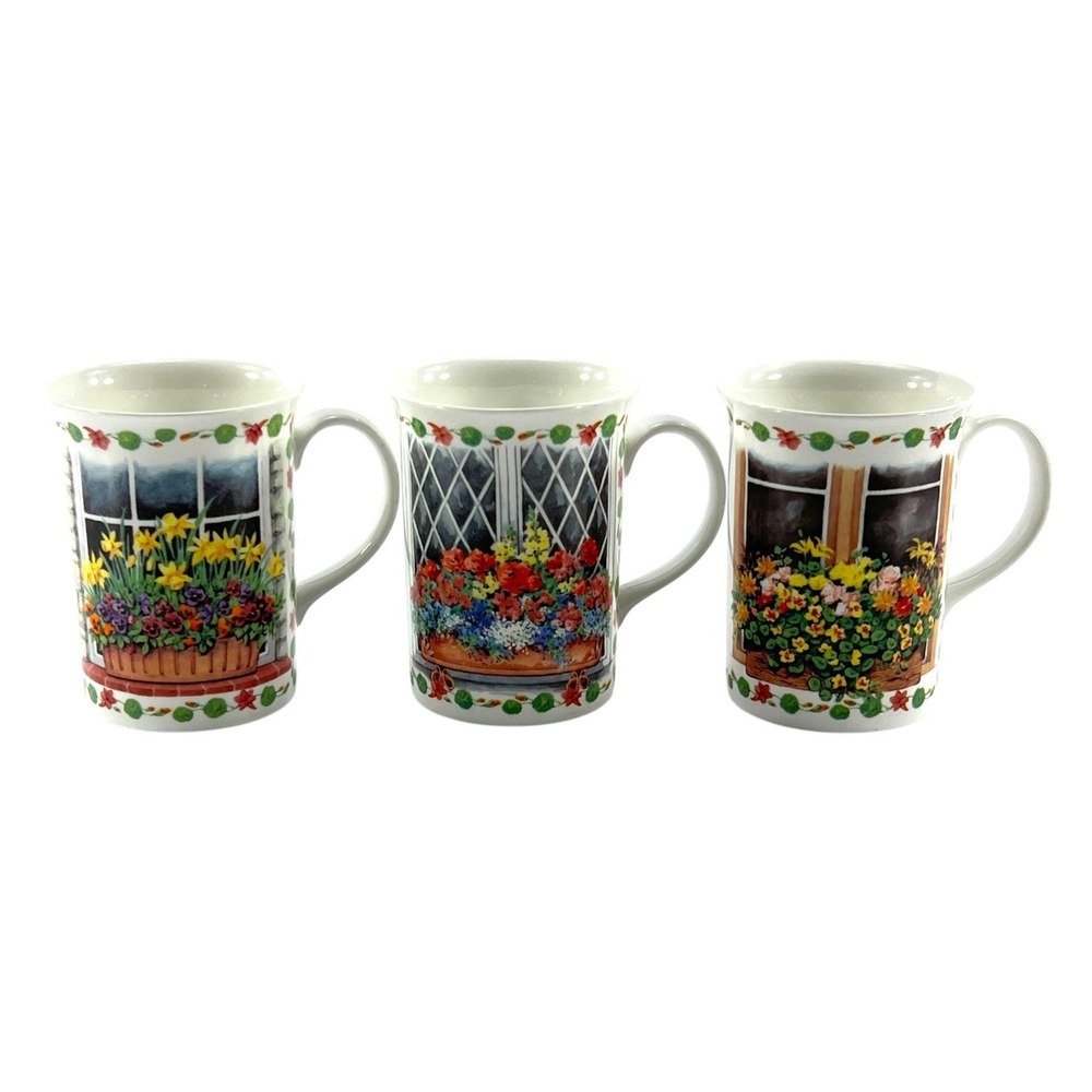Bone China Mugs (3) Queens Kathy Brown Window Boxes Recipe Gardening Collection
